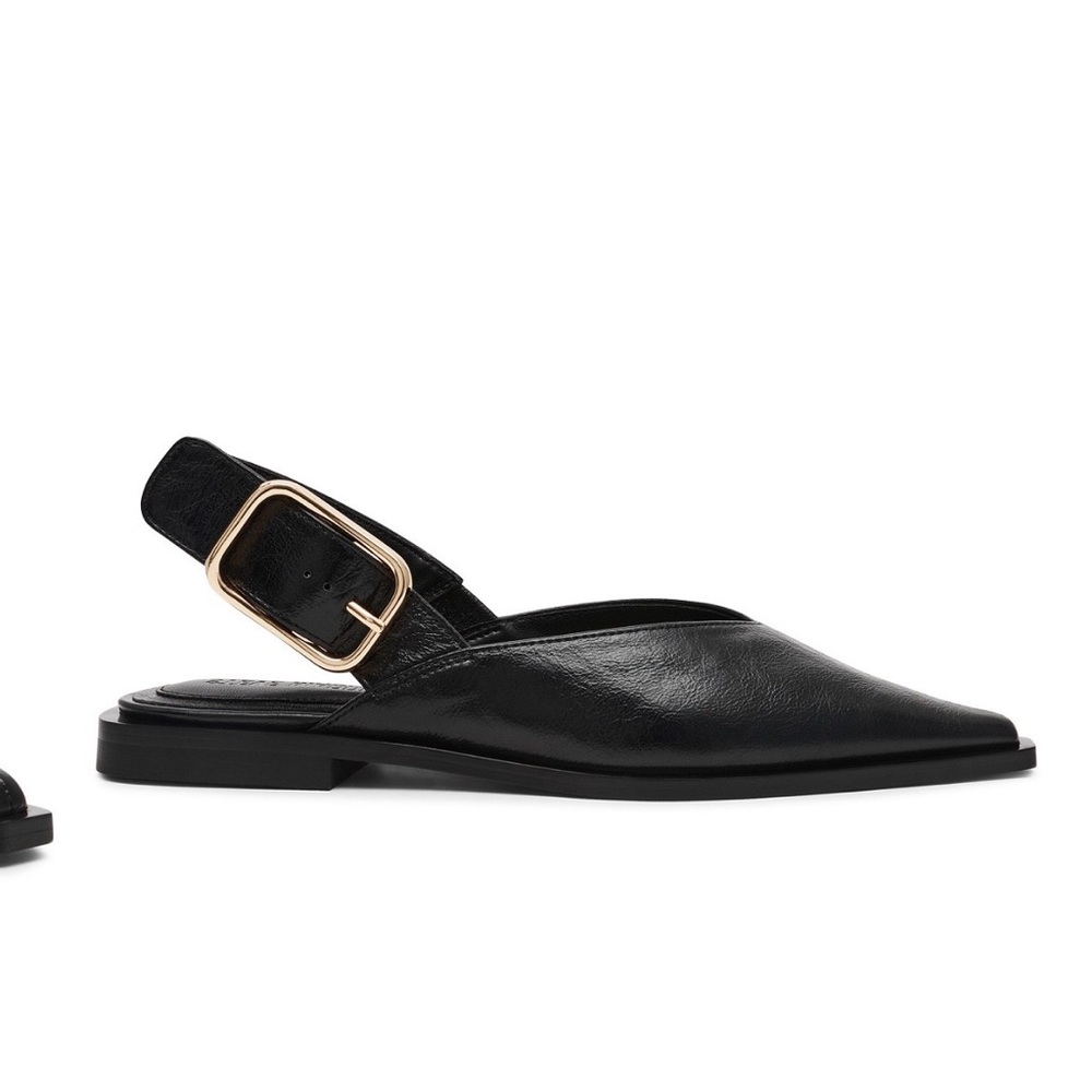 Steve Madden Black Pointed Slingback Flats with Gold Buckle Detail